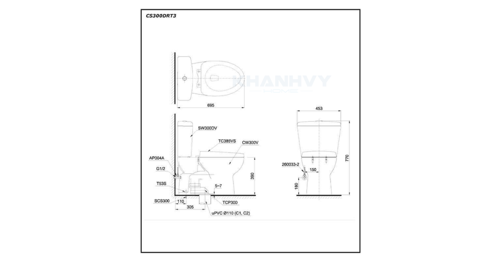 Bản vẽ kỹ thuật của bàn cầu hai khối TOTO CS300DRT3