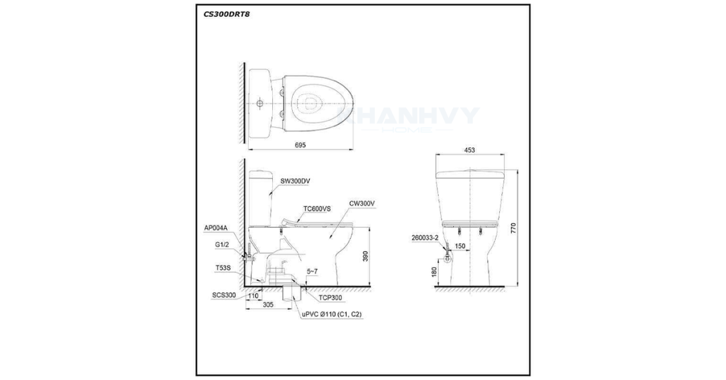 Bản vẽ kỹ thuật của bàn cầu hai khối TOTO CS300DRT8