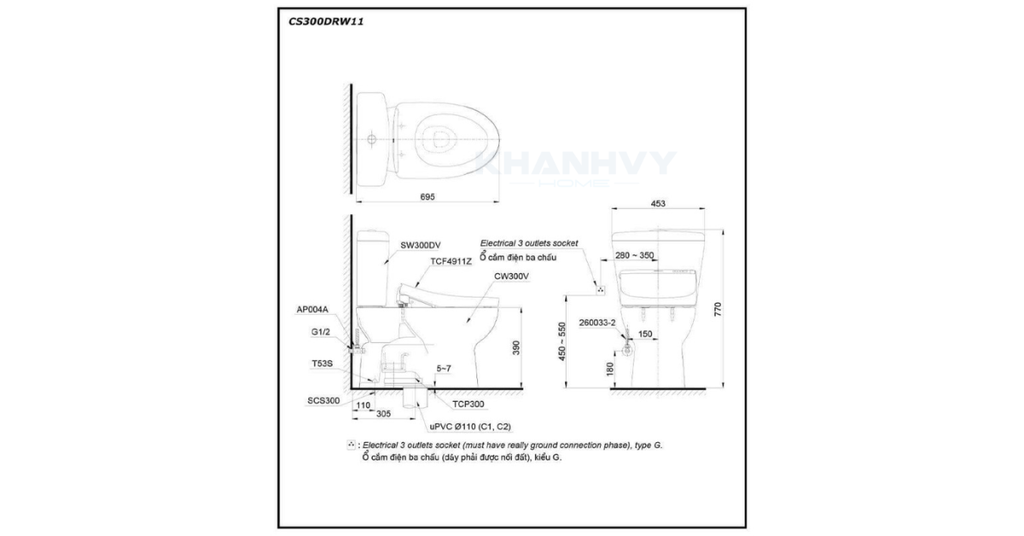 Bản vẽ kỹ thuật của bàn cầu hai khối TOTO CS300DRW11