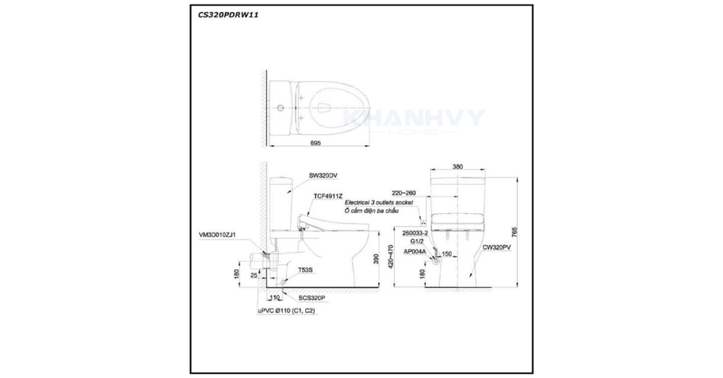 Bản vẽ kỹ thuật của bàn cầu hai khối TOTO CS320PDRW11