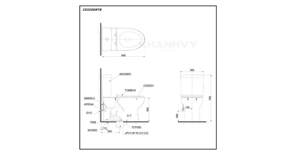 Bản vẽ kỹ thuật của bàn cầu hai khối TOTO CS320DRT8
