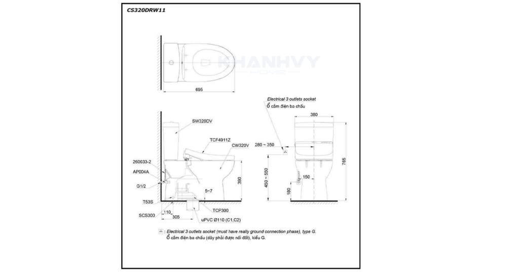 Bản vẽ kỹ thuật của bàn cầu hai khối TOTO CS320PDRW11