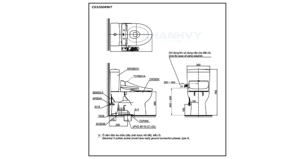 Bản vẽ kỹ thuật của bàn cầu hai khối TOTO CS320PDRW11