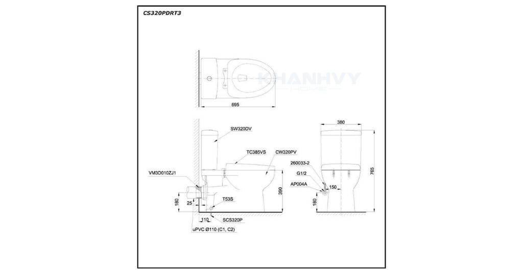 Bản vẽ kỹ thuật của bàn cầu hai khối TOTO CS320PDRW11