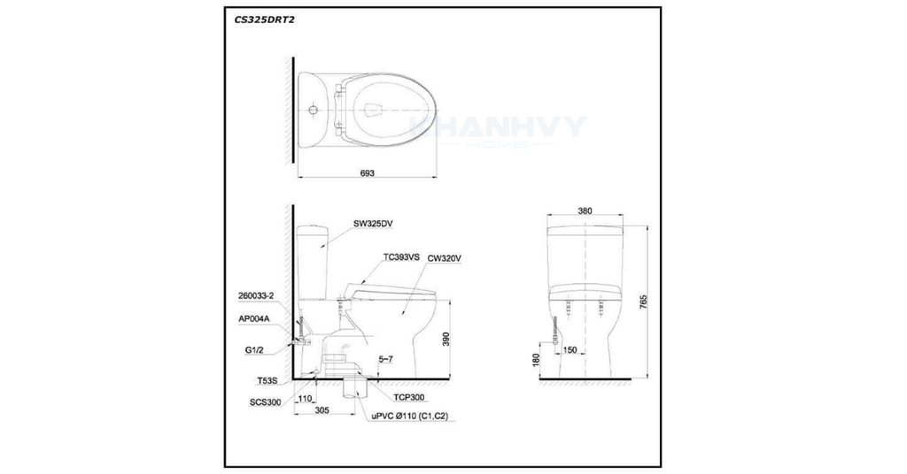 Bản vẽ kỹ thuật của bàn cầu hai khối TOTO CS325DRT2