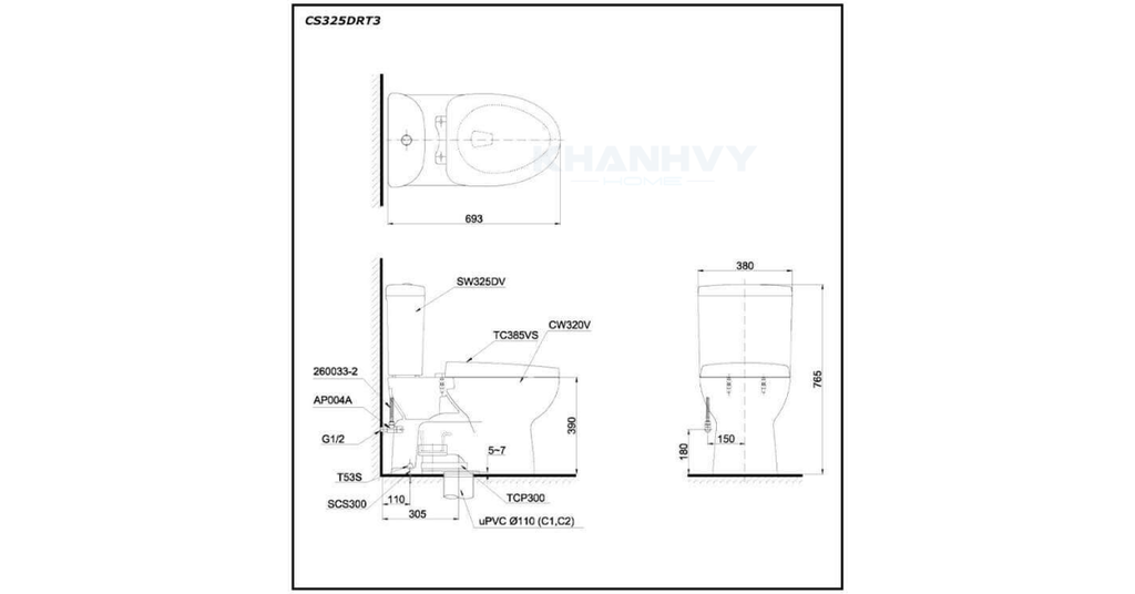Bản vẽ kỹ thuật của bàn cầu hai khối TOTO CS325DRT3