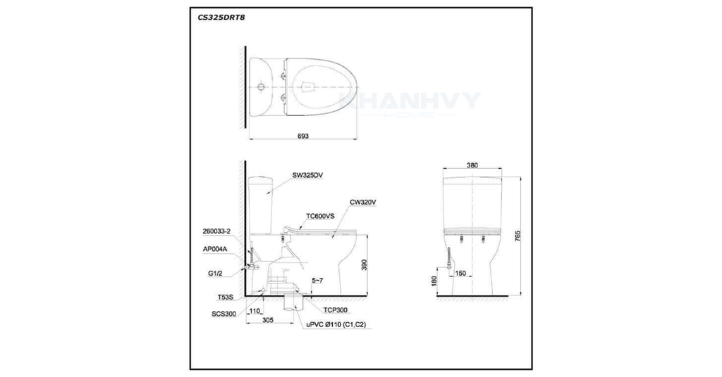 Bản vẽ kỹ thuật của bàn cầu hai khối TOTO CS325DRT8