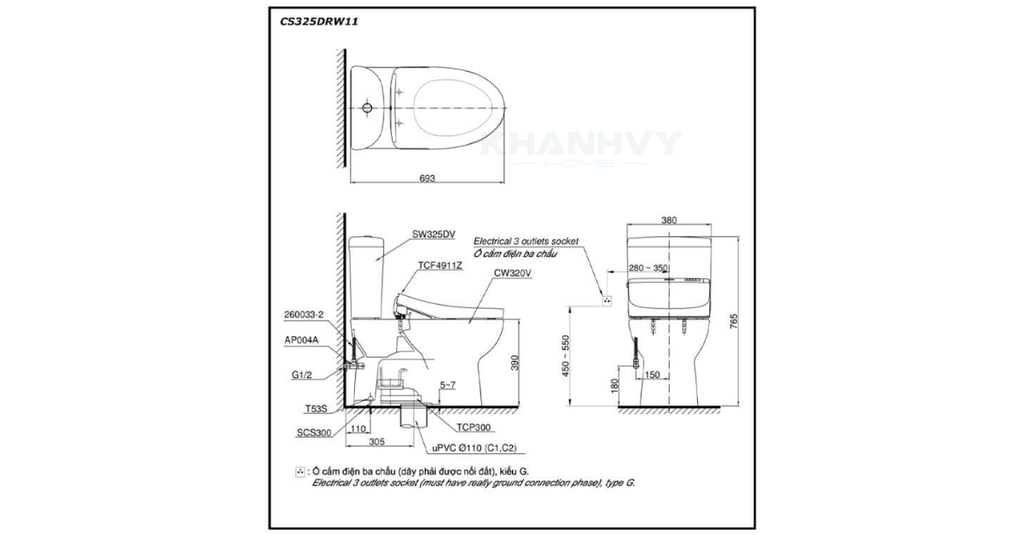 Bản vẽ kỹ thuật của bàn cầu hai khối TOTO CS320DRW11