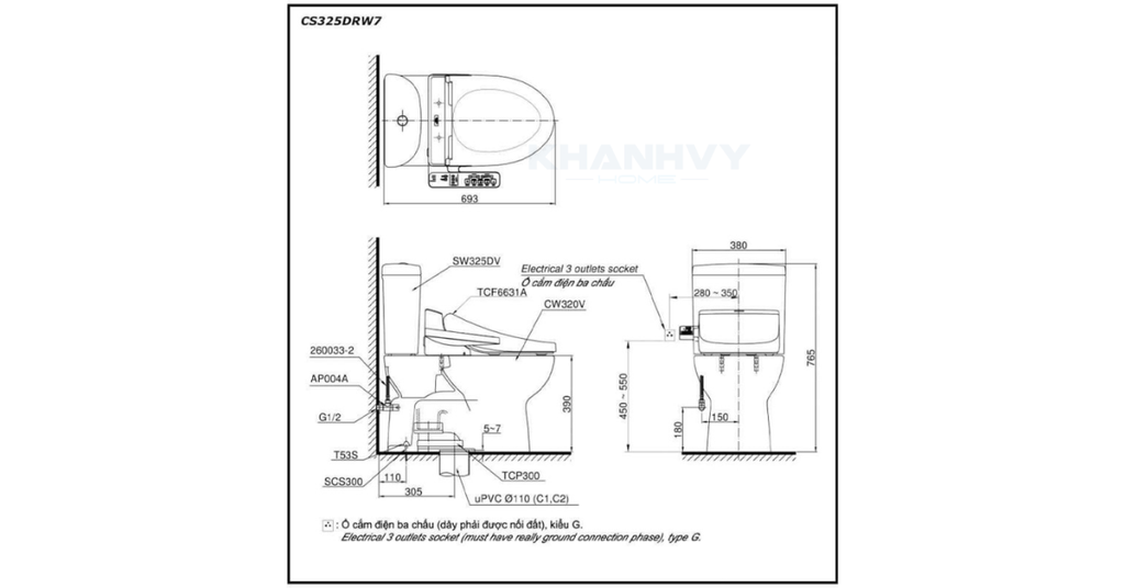 Bản vẽ kỹ thuật của hai khối TOTO CS325DRW7
