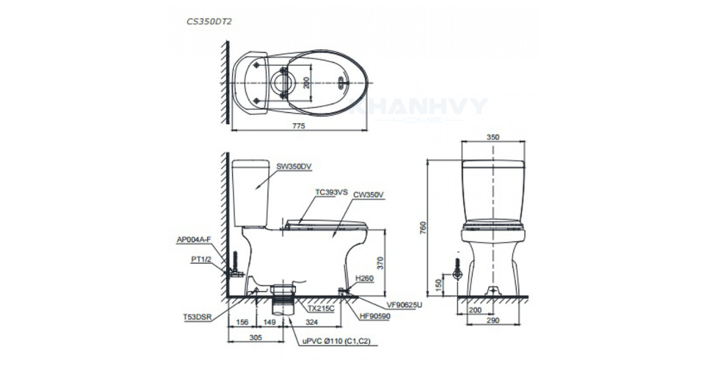 Bản vẽ kỹ thuật của bàn cầu hai khối TOTO CS350DT2