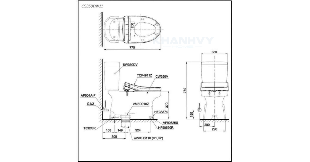 Bản vẽ kỹ thuật của bàn cầu hai khối TOTO CS350DW11