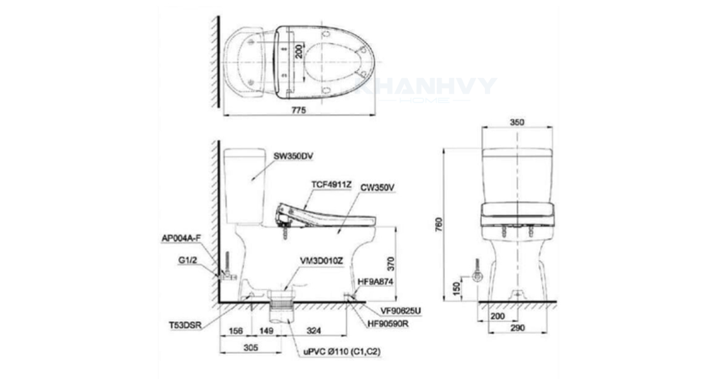 Bản vẽ kỹ thuật của bàn cầu hai khối TOTO CS351DW11