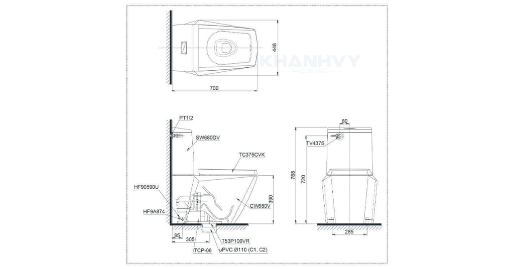 Bản vẽ kỹ thuật của bàn cầu hai khối TOTO CS680DT4