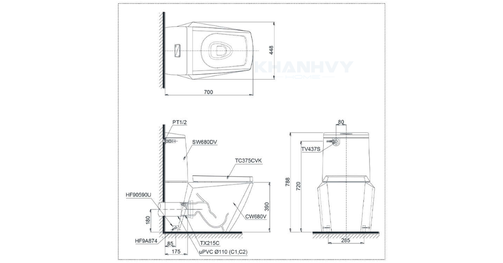 Bản vẽ kỹ thuật của bàn cầu hai khối TOTO CS680PDT4