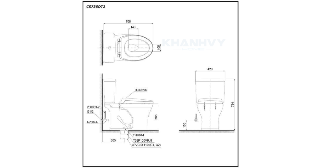Bản vẽ kỹ thuật của bàn cầu hai khối TOTO CS735DT2