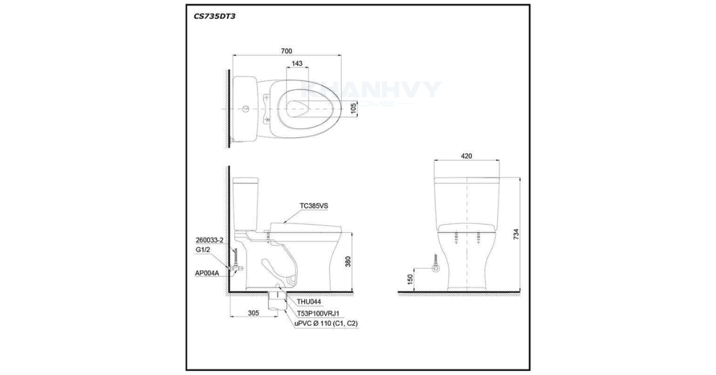 Bản vẽ kỹ thuật của bàn cầu hai khối TOTO CS735DT3
