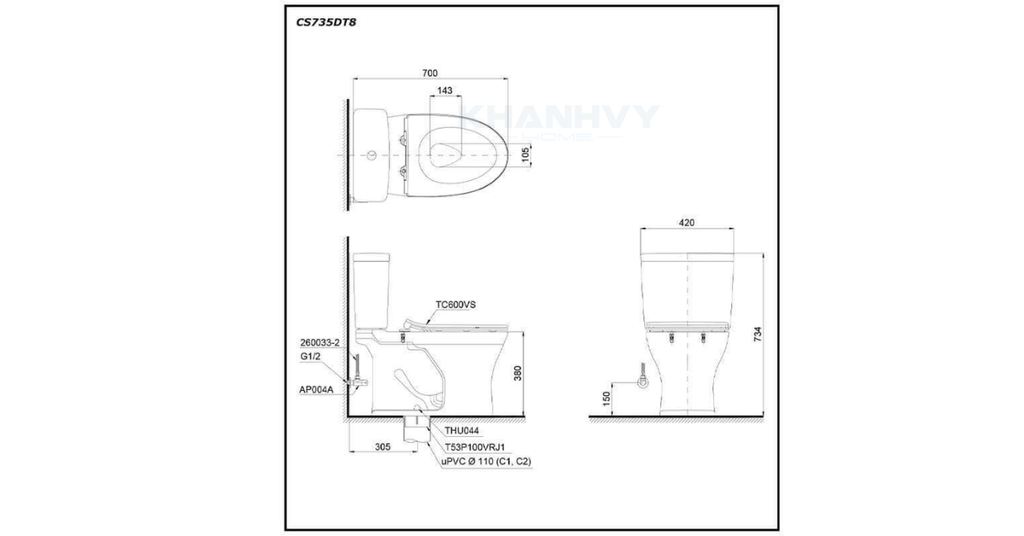 Bản vẽ kỹ thuật của bàn cầu hai khối TOTO CS735DT8
