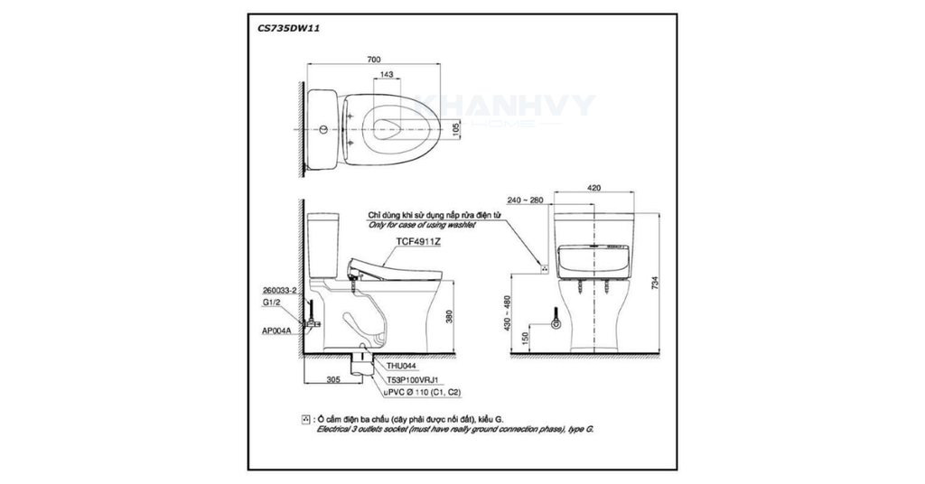 Bản vẽ kỹ thuật của bàn cầu hai khối TOTO CS735DW11