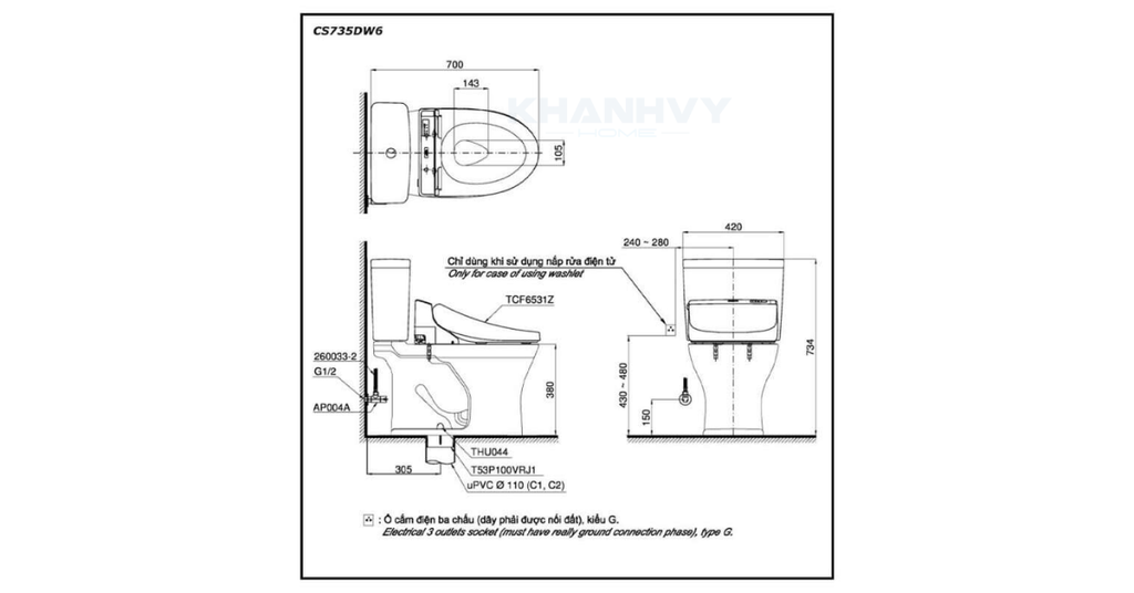 Bản vẽ kỹ thuật của bàn cầu hai khối TOTO CS735DW6