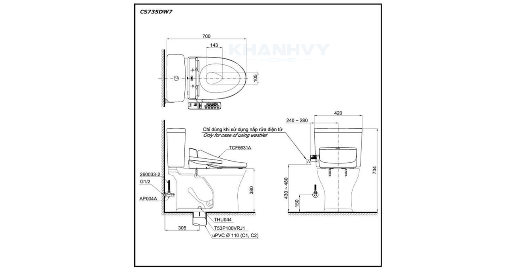 Bản vẽ kỹ thuật của bàn cầu hai khối TOTO CS735DW7