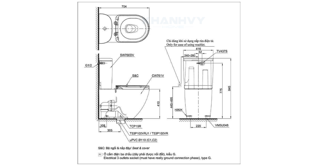 Bản vẽ kỹ thuật của bàn cầu hai khối TOTO CS761DW5