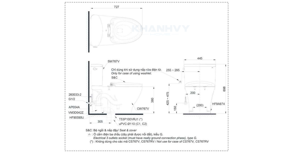 Bản vẽ kỹ thuật của bàn cầu hai khối TOTO CS767RW6