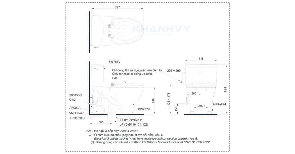 Bản vẽ kỹ thuật của bàn cầu hai khối TOTO CS767RW7