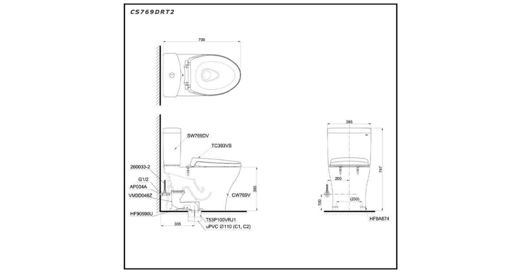 Bản vẽ kỹ thuật của bàn cầu hai khối TOTO CS769DRT2