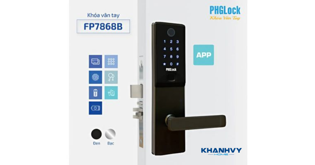 Sản phẩm khóa vân tay PHGlock FP7868B - R APP |A sở hữu thiết kế hiện đại với khóa màu đen và mặt khóa cảm ứng sang trọng