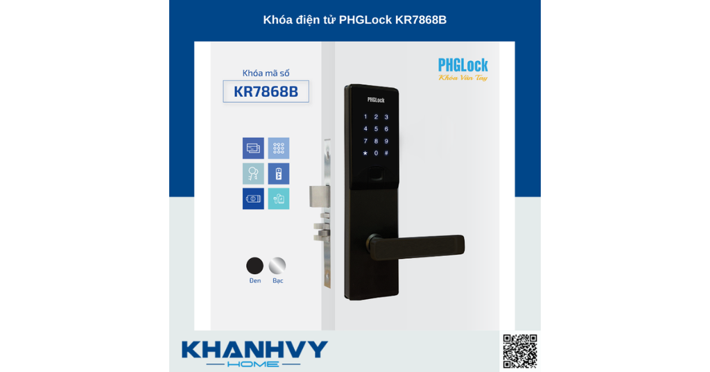 Sản phẩm khóa điện tử PHGLock KR7868B - R App |A sở hữu thiết kế hiện đại với khóa màu đen và mặt khóa cảm ứng sang trọng