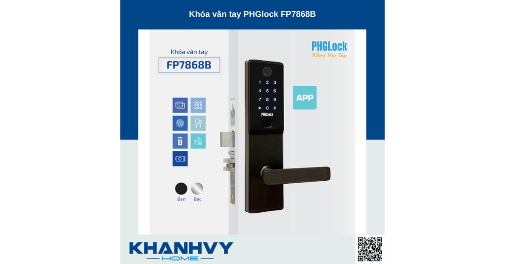 Sản phẩm khóa vân tay PHGlock FP7868B - L APP |A sở hữu thiết kế hiện đại với khóa màu đen và mặt khóa cảm ứng sang trọng