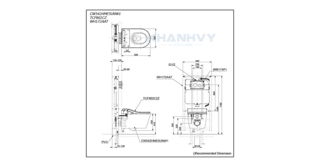 Bản vẽ kích thước của bàn cầu treo tường kèm nắp rửa điện tử WASHLET TOTO seri RW