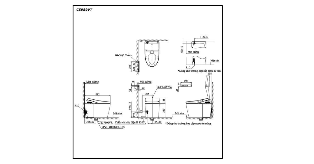 Bản vẽ kích thước của bồn cầu thông minh TOTO Neorest AH CS989VT/TCF9788WZ/T53P100VR