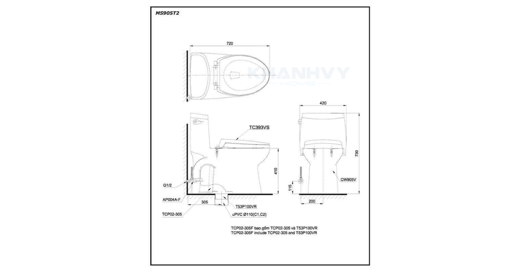 Bản vẽ kỹ thuật của bàn cầu một khối ToTo MS905T2#XW