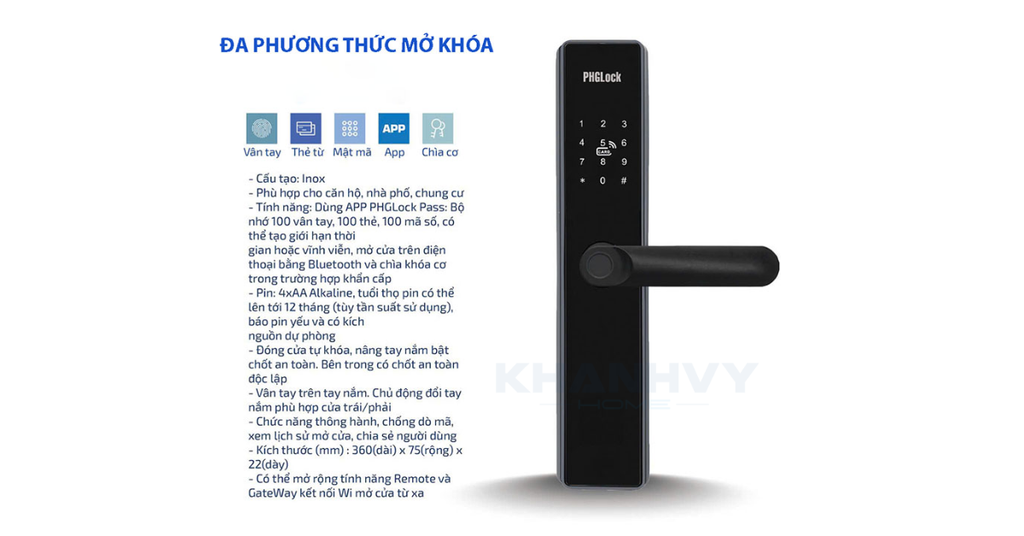 Sản phẩm khóa điện tử PHGlock FP7166B App tích hợp đa dạng phương thức mở khóa
