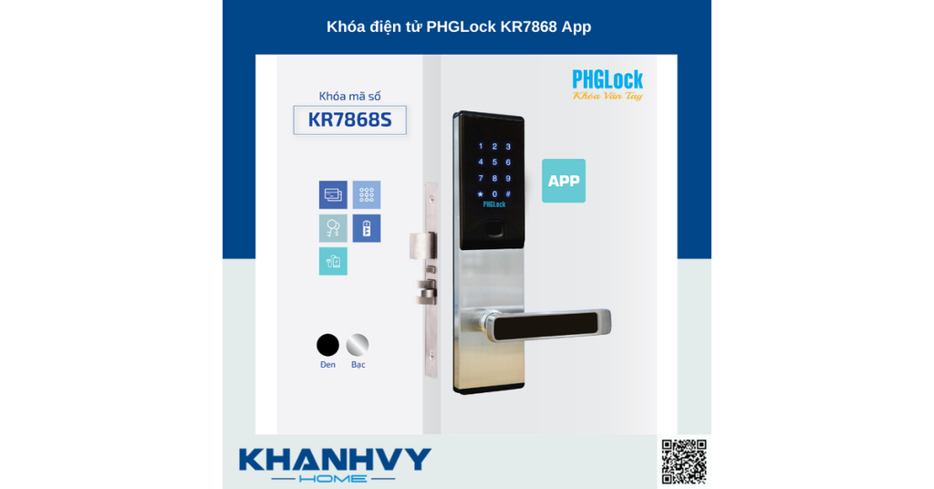 Sản phẩm khóa điện tử PHGLock KR7868SS - R App |A sở hữu thiết kế hiện đại với khóa màu đen và mặt khóa cảm ứng sang trọng