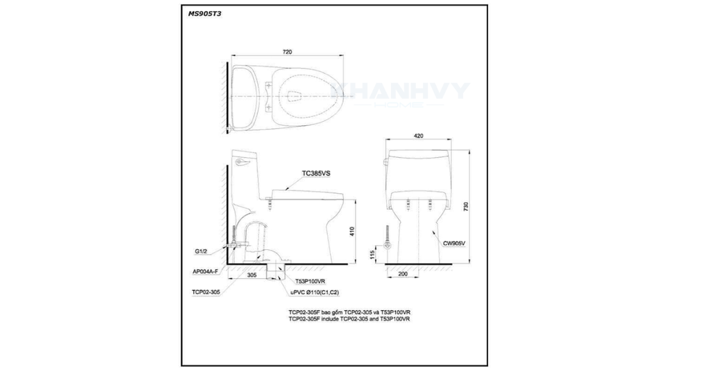Bản vẽ kỹ thuật của bàn cầu một khối TOTO MS905T3