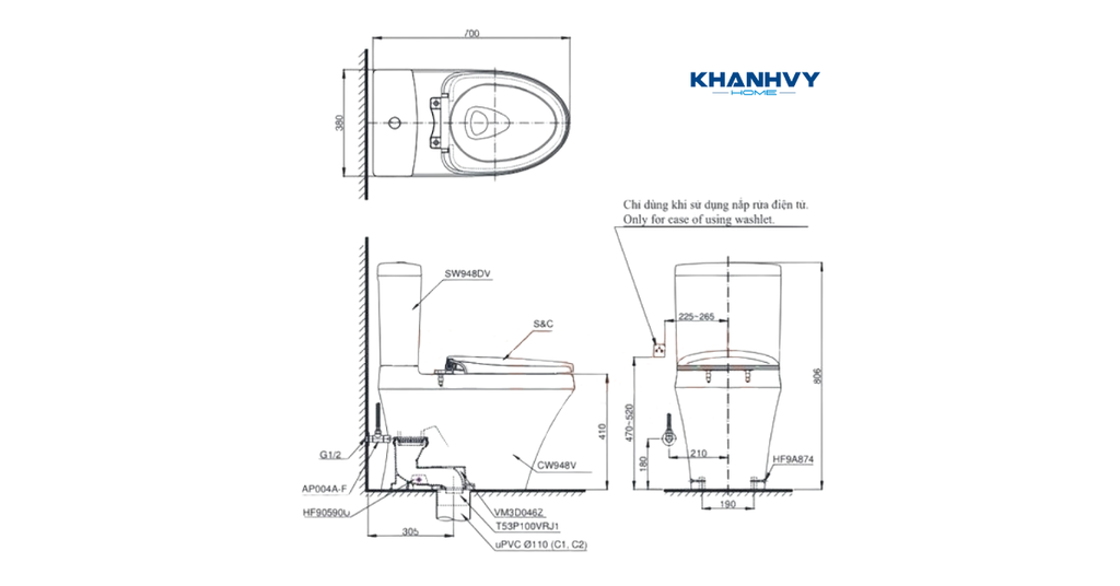 Bản vẽ kích thước của bồn cầu TOTO CS838CDW17
