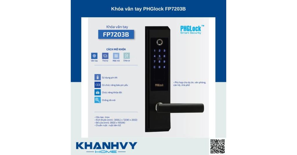 Sản phẩm khóa vân tay PHGlock FP7203B - R |A sở hữu thiết kế hiện đại với khóa màu đen và mặt khóa cảm ứng sang trọng