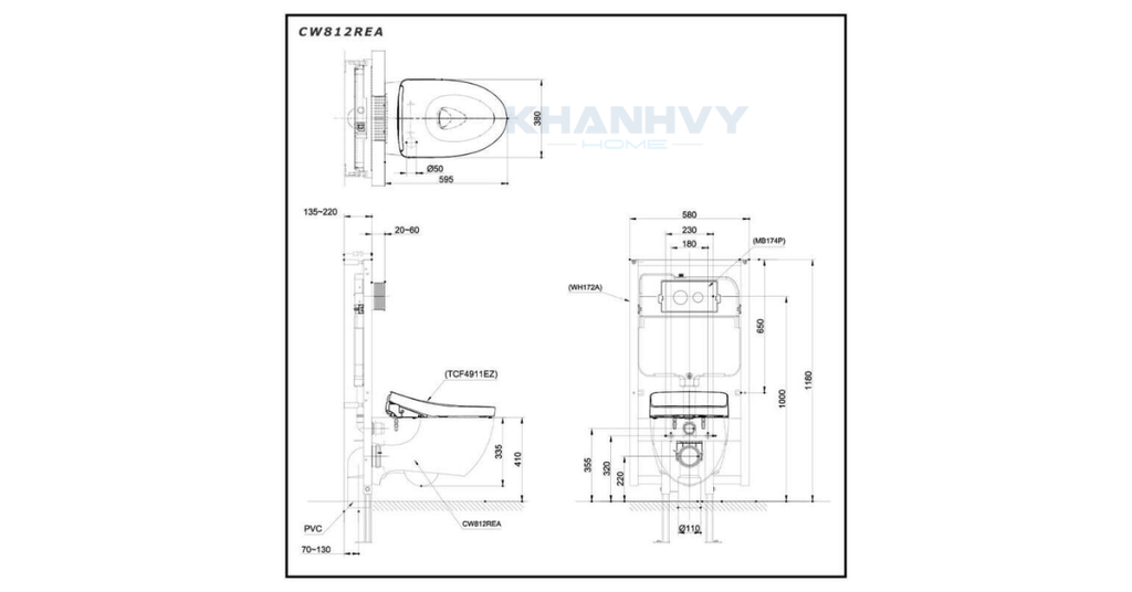 Bản vẽ kích thước của bàn cầu treo tường TOTO CW812REA kết hợp Washlet dòng S7