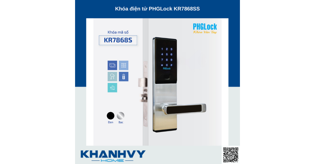 Sản phẩm khóa điện tử PHGLock KR7868SS - R |A sở hữu thiết kế hiện đại với khóa màu đen và mặt khóa cảm ứng sang trọng