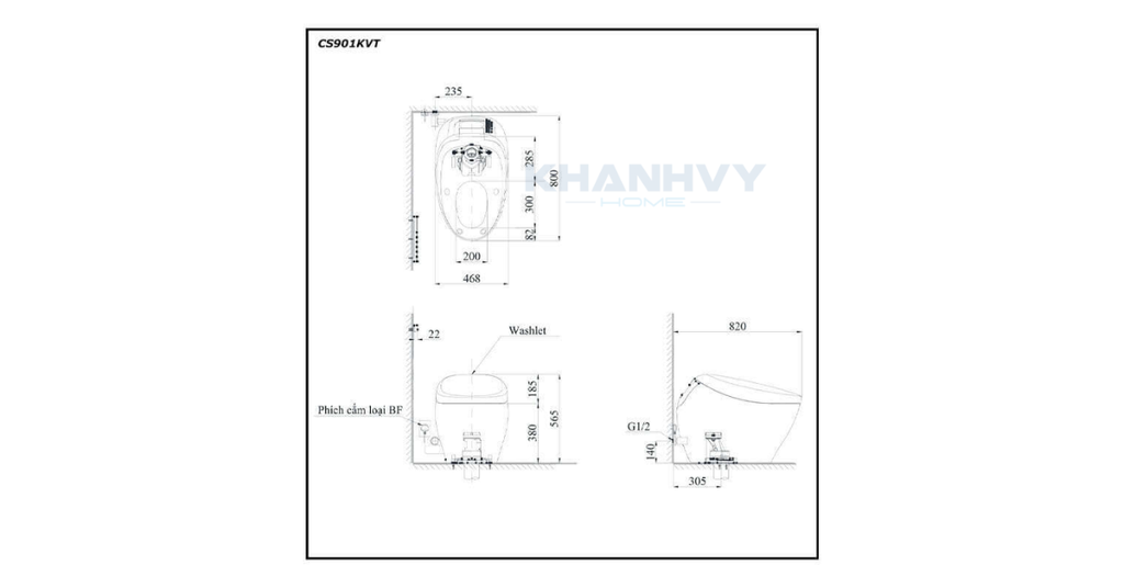 Bản vẽ kích thước của bàn cầu điện tử TOTO NEOREST NX II CS901KVT#NW1/T53P100VR
