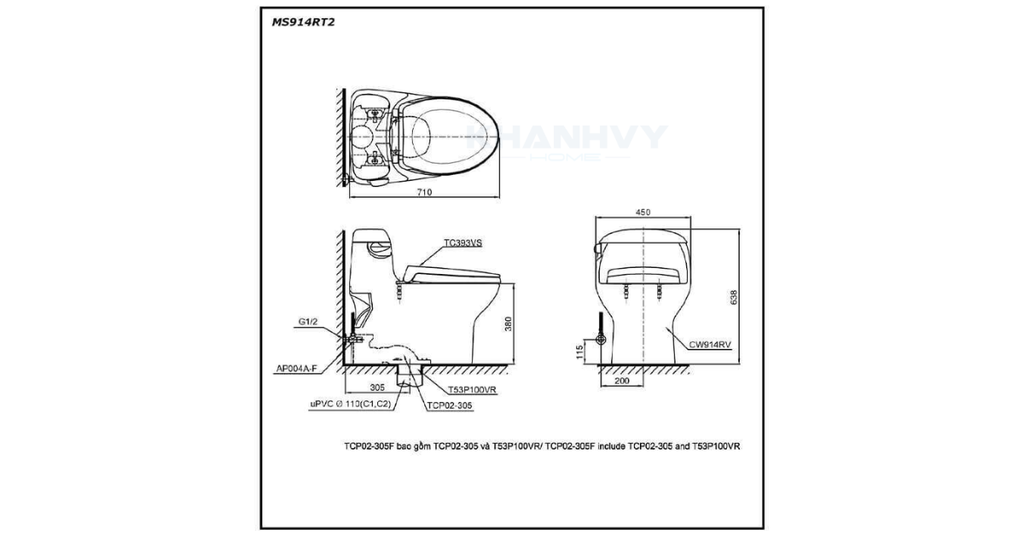 Bản vẽ kỹ thuật của bàn cầu một khối TOTO MS914RT2