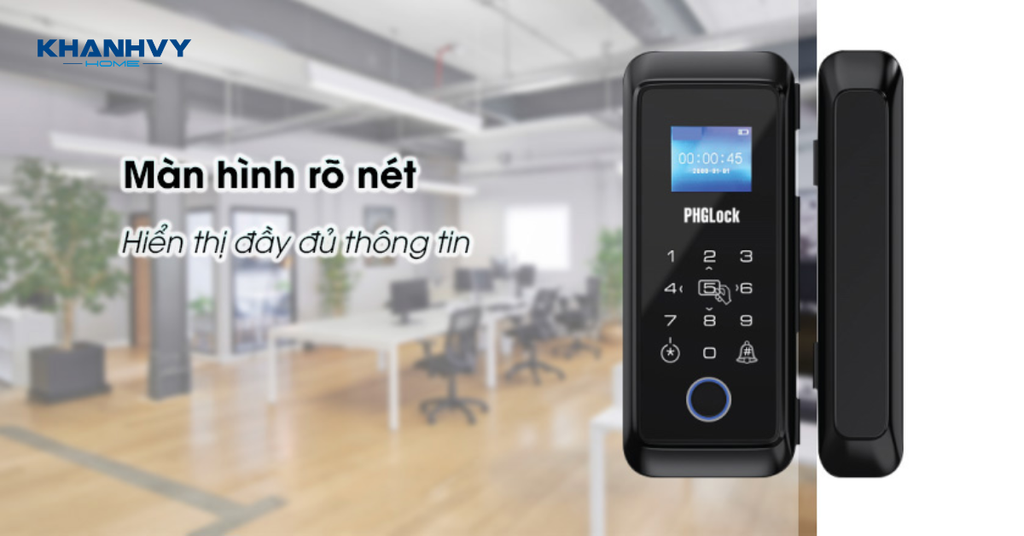 Khóa cửa kính PHGlock FG3604A hiển thị đầy đủ và rõ nét thông tin trên màn hình