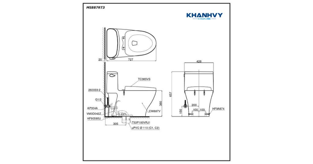 Bản vẽ kích thước của bồn cầu một khối TOTO MS887RT3#XW