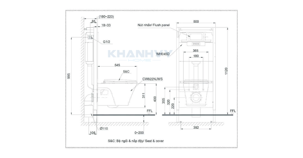 Bản vẽ kích thước của bàn cầu treo tường TOTO CW822NJWS/TC393VS