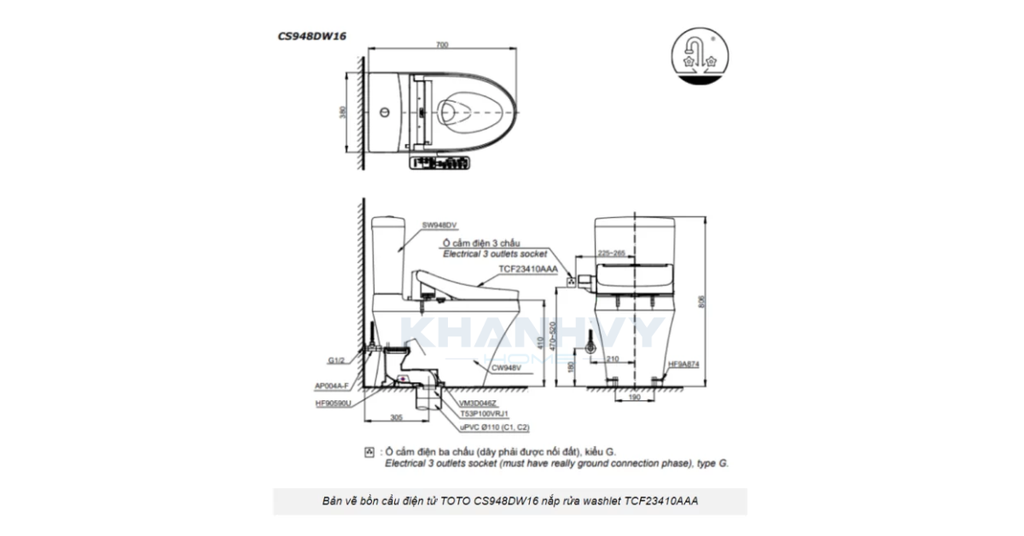 Bản vẽ kích thước của bàn cầu hai khối TOTO CS948DW16XW