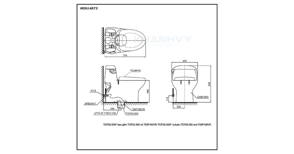 Bản vẽ kỹ thuật của bàn cầu TOTO MS914RT3 một khối nắp đóng êm TC385VS