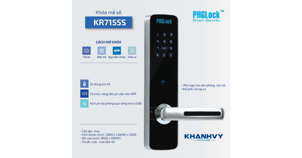 Khóa điện tử PHGlock KR7155S - R App tích hợp đa dạng phương thức mở khóa
