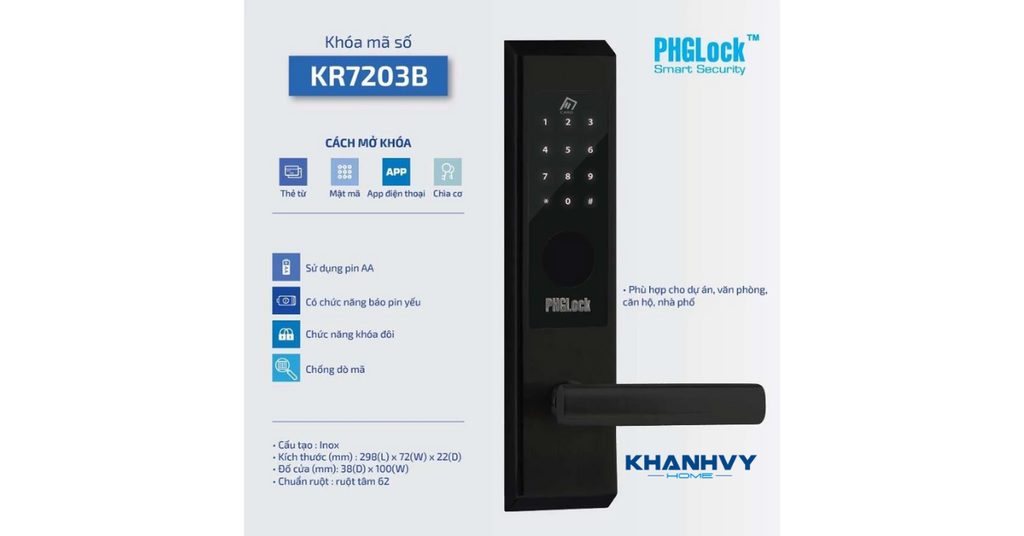 Sản phẩm khóa mã số - thẻ cảm ứng PHGLock KR7203B - L App mở khoá bằng nhiều phương thức khác nhau